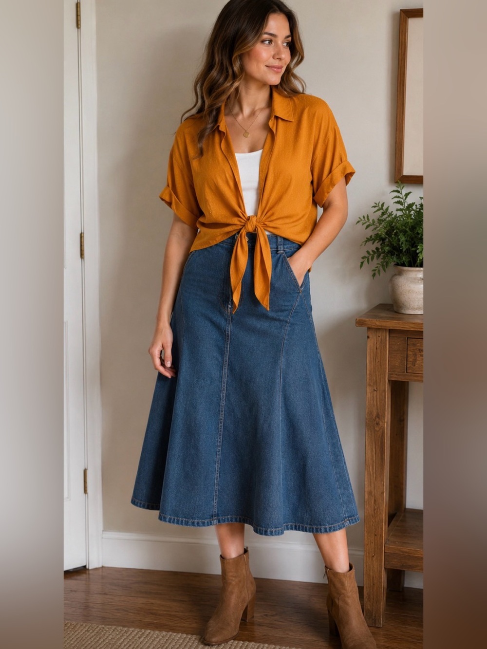 Womens Tie-Front Short Sleeve Top - Mustard